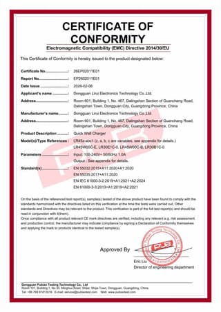 PD Fast Charger EMC Certificate - Lirui Electronics OEM Charger Certification