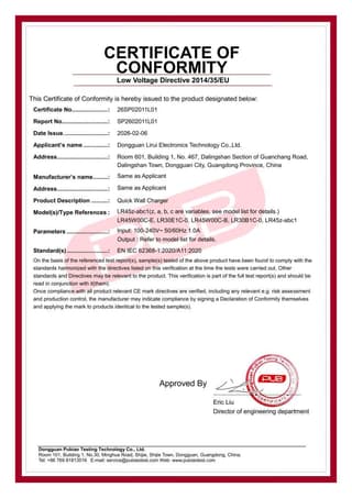 PD Fast Charger LVD Certificate - Lirui Electronics OEM Charger Certification